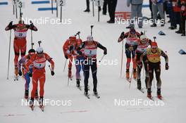 Biathlon - IBU world cup biathlon mass start men 15 km, 11.03.2007 - Holmenkollen (NOR): Ole Einar Bjoerndalen (NOR), Raphael Poiree (FRA), Michael Greis (GER).