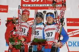 29.11.2007, Kontiolahti, Finland (FIN): l-r: Halvard Hanevold (NOR), Vincent Defrasne (FRA), Maxim Tchoudov (RUS) - IBU world cup biathlon, individual men, Kontiolahti (FIN). www.nordicfocus.com. c Manzoni/NordicFocus. Every downloaded picture is fee-liable.