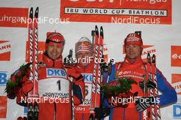 02.12.2007, Kontiolahti, Finland (FIN): l-r: Ole Einar Bjoerndalen (NOR), Ivan Tcherezov (RUS), Dmitri Iarochenko (RUS) - IBU world cup biathlon, pursuit men, Kontiolahti (FIN). www.nordicfocus.com. c Manzoni/NordicFocus. Every downloaded picture is fee-liable.