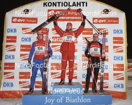 01.12.2007, Kontiolahti, Finland (FIN): l-r: Dmitri Iarochenko (RUS), Ole Einar Bjoerndalen (NOR), Carsten Pump (GER) - IBU world cup biathlon, sprint men, Kontiolahti (FIN). www.nordicfocus.com. c Geir Olsen/NordicFocus. Every downloaded picture is fee-liable.