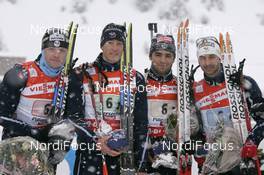 09.12.2007, Hochfilzen (AUT): team FRA l-r: Julien Robert (FRA), Vincent Jay (FRA), Simon Fourcade (FRA), Vincent Defrasne (FRA) - IBU World Cup biathlon, relay men - Hochfilzen (AUT). www.nordicfocus.com. c Furtner/NordicFocus. Every downloaded picture is fee-liable.