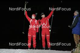 29.12.2007, Gelsenkirchen, Germany (GER): l-r: Tora Berger (NOR), Ole Einar Bjoerndalen (NOR)  - Biathlon World Team Challenge WTC AufSchalke - Gelsenkirchen (GER). www.nordicfocus.com. c Felgenhauer/NordicFocus. Every downloaded picture is fee-liable.