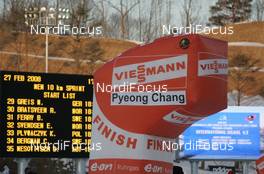 27.02.2008, Pyeong Chang, Korea (KOR): Feature, Result screen, Finish balloon and TV-screen - IBU World Cup biathlon, sprint men - Pyeong Chang (KOR). www.nordicfocus.com. c Hemmersbach/NordicFocus. Every downloaded picture is fee-liable.