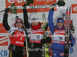 09.03.2008, Khanty Mansiysk, Russia (RUS): podium, l-r: Magdalena Neuner (GER), Kathrin Hitzer (GER), Svetlana Sleptosova (RUS)  - IBU World Cup biathlon, mass women - Khanty Mansiysk (RUS). www.nordicfocus.com. c Hemmersbach/NordicFocus. Every downloaded picture is fee-liable.