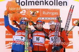 16.03.2008, Holmenkollen, Norway (NOR): l-r: Nikolay Kruglov (RUS), Michal Slesingr (CZE), Halvard Hanevold (NOR) - IBU World Cup biathlon, mass men, Holmenkollen (NOR). www.nordicfocus.com. c Manzoni/NordicFocus. Every downloaded picture is fee-liable.