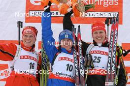 13.03.2008, Holmenkollen, Norway (NOR): l-r: Tora Berger (NOR), Svetlana Sleptsova (RUS), Kati Wilhelm (GER) - IBU World Cup biathlon, sprint women, Holmenkollen (NOR). www.nordicfocus.com. c Manzoni/NordicFocus. Every downloaded picture is fee-liable.