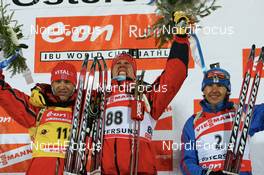 14.02.2008, Oestersund, Sweden (SWE): l-r: Ole Einar Bjoerndalen (NOR), Emil Hegle Svendsen (NOR), Maxim Maksimov (RUS) - IBU World Championchip of Biathlon, individual men - Oestersund (SWE). www.nordicfocus.com. c Manzoni/NordicFocus. Every downloaded picture is fee-liable.