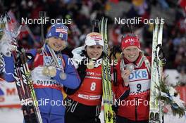 16.02.2008, Oestersund, Sweden (SWE): l-r: Ekaterina Iourieva (RUS), Magdalena Neuner (GER), Tora Berger (NOR) - IBU World Championchip of Biathlon, medal shooting - Oestersund (SWE). www.nordicfocus.com. c Furtner/NordicFocus. Every downloaded picture is fee-liable.