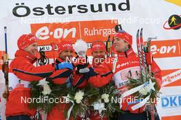16.02.2008, Oestersund, Sweden (SWE): l-r: Rune Bratsveen (NOR), Ole Einar Bjoerndalen (NOR), Halvard Hanevold (NOR), Emil Hegle Svendsen (NOR) - IBU World Championchip of Biathlon, relay men - Oestersund (SWE). www.nordicfocus.com. c Manzoni/NordicFocus. Every downloaded picture is fee-liable.