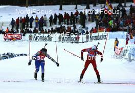 17.02.2008, Oestersund, Sweden (SWE): Elisabeth Hoegberg (SWE) and Agnieszka Grzybek (POL) - IBU World Championchip of Biathlon, relay women - Oestersund (SWE). www.nordicfocus.com. c Manzoni/NordicFocus. Every downloaded picture is fee-liable.