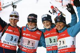 17.02.2008, Oestersund, Sweden (SWE): l-r: Delphine Peretto (FRA), Delphine Peretto (FRA), Marie Laure Brunet (FRA), Sylvie Becaert (FRA) - IBU World Championchip of Biathlon, relay women - Oestersund (SWE). www.nordicfocus.com. c Manzoni/NordicFocus. Every downloaded picture is fee-liable.