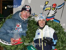 06.01.08, Val di Fiemme, Italy (ITA): group, l-r Lukas Bauer (CZE), Charlotte Kalla (SWE), the winner of the Tour de Ski - FIS world cup cross-country, tour de ski, final climb women, Val di Fiemme (ITA). www.nordicfocus.com. c Hemmersbach/NordicFocus. Every downloaded picture is fee-liable.
