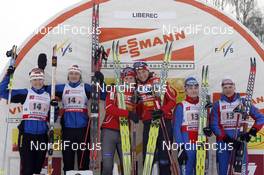 17.02.2008, Liberec, Czech Republic (CZE): l-r: Aino Kaisa Saarinen (FIN), Pirjo Muranen (FIN), Marit Bjoergen (NOR), Astrid Jacobsen (NOR), Evgenia Shapovalova (RUS), Natalia Matveeva (RUS)  - FIS world cup cross-country,team sprint, Liberec (CZE). www.nordicfocus.com. c Felgenhauer/NordicFocus. Every downloaded picture is fee-liable.