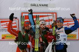 22.11.2008, Gaellivare, $weden (SWE): l-r: Marit Bjoergen (NOR), Fischer, Rottefella, Swix, Charlotte Kalla (SWE), Fischer, Salomon, Swix, Craft, Aino Kaisa Saarinen (FIN), Rossignol, Rottefella, One Way - FIS world cup cross-country, 10km women, Gaellivare (SWE). www.nordicfocus.com. © Manzoni/NordicFocus. Every downloaded picture is fee-liable.