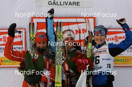 22.11.2008, Gaellivare, $weden (SWE): l-R: Marit Bjoergen (NOR), Fischer, Rottefella, Swix, Charlotte Kalla (SWE), Fischer, Salomon, Swix, Craft, Aino Kaisa Saarinen (FIN), Rossignol, Rottefella, One Way - FIS world cup cross-country, 10km women, Gaellivare (SWE). www.nordicfocus.com. © Manzoni/NordicFocus. Every downloaded picture is fee-liable.