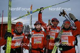 23.11.2008, Gaellivare, $weden (SWE): l-r: Martin Johnsrud Sundby (NOR), Fischer, Rottefella, Alpina, Swix, Eldar Roenning (NOR), Petter Northug (NOR), Fischer, Rottefella, Alpina, Ski Go, Swix , Tore Ruud Hofstad (NOR), Fischer, Salomon, Swix - FIS world cup cross-country, relay men, Gaellivare (SWE). www.nordicfocus.com. © Manzoni/NordicFocus. Every downloaded picture is fee-liable.