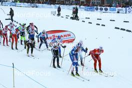 23.11.2008, Gaellivare, $weden (SWE): Marit Bjoergen (NOR), Fischer, Rottefella, Swix and Virpi Kuitunen (FIN), Rossignol, Rottefella, One Way lead the field - FIS world cup cross-country, relay women, Gaellivare (SWE). www.nordicfocus.com. © Manzoni/NordicFocus. Every downloaded picture is fee-liable.