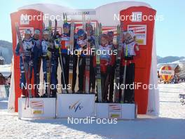 07.12.2008, La Clusaz, France (FRA): l-r: Team Sweden, Team Finland and Team Norway, - FIS world cup cross-country, 4x5km women, La Clusaz (FRA). www.nordicfocus.com. © Spitz/NordicFocus. Every downloaded picture is fee-liable.