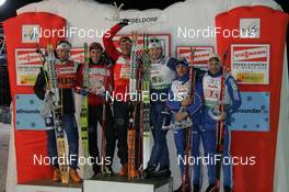 21.12.2008, Duesseldorf, Germany (GER): podium (l-r) Bjoern Lind (SWE), Rossignol, Rottefella, One Way, Craft, Ola Vigen Hattestad (NOR), Fischer, Rottefella, Swix, Tor Arne Hetland (NOR), Rossignol, Swix, Thobias Fredriksson (SWE), Fischer, Rottefella, Nikolay Morilov (RUS), Madshus, Rottefella, adidas, Alexei Petukhov (RUS), Fischer, Salomon, Swix  - FIS world cup cross-country, team sprint, Duesseldorf. www.nordicfocus.com. © Hemmersbach/NordicFocus. Every downloaded picture is fee-liable.