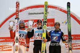 09.03.2008, Holmenkollen, Norway (NOR): winner nordc tournament - l-r: Tom Hilde (NOR), Gregor Schlierenzauer (AUT), Janne Happonen (FIN) - FIS world cup ski jumping, individual HS128, Holmenkollen (NOR). www.nordicfocus.com. c Manzoni/NordicFocus. Every downloaded picture is fee-liable.