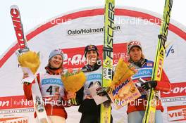 09.03.2008, Holmenkollen, Norway (NOR): l-r: Tom Hilde (NOR), Gregor Schlierenzauer (AUT), Bjoern Einar Romoeren (NOR) - FIS world cup ski jumping, individual HS128, Holmenkollen (NOR). www.nordicfocus.com. c Manzoni/NordicFocus. Every downloaded picture is fee-liable.