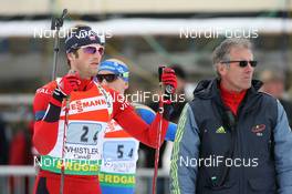 15.03.2009, Vancouver, Canada (CAN): Alexander Os (NOR), Fischer, Rottefella, Swix, Odlo and Norbert Baier (GER), IBU head TD - IBU world cup biathlon, relay men, Vancouver (CAN). www.nordicfocus.com. © Manzoni/NordicFocus. Every downloaded picture is fee-liable.