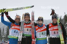 15.03.2009, Vancouver, Canada (CAN): l-r: Simon Fourcade (FRA), Fischer, Rottefella, Swix, Odlo, Martin Fourcade (FRA), Rossignol, Rottefella, Odlo, Vincent Defrasne (FRA), Atomic, Rottefella, One Way, Odlo, Vincent Jay (FRA), Fischer, Rottefella - IBU world cup biathlon, relay men, Vancouver (CAN). www.nordicfocus.com. © Manzoni/NordicFocus. Every downloaded picture is fee-liable.