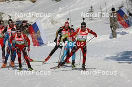 29.03.2009, Khanty-Mansiysk, Russia (RUS): Alexander Os (NOR), Fischer, Rottefella, Swix, Odlo and Emil Hegle Svendsen (NOR), Madshus, Rottefella, Swix, Odlo lead a group - IBU world cup biathlon, mass men, Khanty-Mansiysk (RUS). www.nordicfocus.com. © Manzoni/NordicFocus. Every downloaded picture is fee-liable.