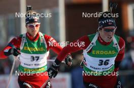 28.03.2009, Khanty-Mansiysk, Russia (RUS): Ronny Hafsaas (NOR), Madshus, Rottefella, Odlo leads Alexander Os (NOR), Fischer, Rottefella, Swix, Odlo - IBU world cup biathlon, pursuit men, Khanty-Mansiysk (RUS). www.nordicfocus.com. © Manzoni/NordicFocus. Every downloaded picture is fee-liable.