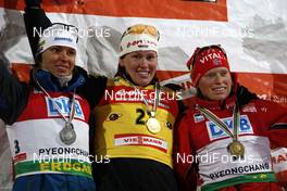 18.02.2009, Pyeong Chang, Korea (KOR): l-r:  Teja Gregorin (SLO), Fischer,Kati Wilhelm (GER), Madshus, Rottefella, Swix, adidas, Tora Berger (NOR), Fischer, Rottefella, Odlo  - IBU world championships biathlon, individual women, Pyeong Chang (KOR). www.nordicfocus.com. © Felgenhauer/NordicFocus. Every downloaded picture is fee-liable.