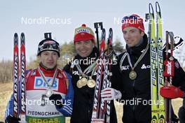 12.02.2009, Pyeong Chang, Korea (KOR): l-r:  Maxim Tchoudov (RUS), Madshus, Rottefella, Swix/Exel, adidas,Ole Einar Bjoerndalen (NOR), Madshus, Rottefella, Odlo, Alexander Os (NOR), Fischer, Rottefella, Odlo  - IBU world championships biathlon, medals, Pyeong Chang (KOR). www.nordicfocus.com. © Felgenhauer/NordicFocus. Every downloaded picture is fee-liable.