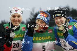 22.02.2009, Pyeong Chang, Korea (KOR): l-r: Anastasia Kuzmina (SVK), Exel, Olga Zaitseva (RUS), Madshus, Rottefella, adidas, Helena Jonsson (SWE), Fischer, Rottefella, Leki, adidas  - IBU world championships biathlon, medals, Pyeong Chang (KOR). www.nordicfocus.com. © Felgenhauer/NordicFocus. Every downloaded picture is fee-liable.