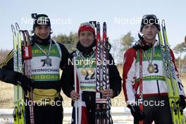 12.02.2009, Pyeong Chang, Korea (KOR): l-r:  Christoph Stephan (GER), Fischer, adidas, Toko,Ole Einar Bjoerndalen (NOR), Madshus, Rottefella, Odlo, Jakov Fak (CRO), Fischer, Alpina, Exel  - IBU world championships biathlon, medals, Pyeong Chang (KOR). www.nordicfocus.com. © Felgenhauer/NordicFocus. Every downloaded picture is fee-liable.