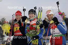15.02.2009, Pyeong Chang, Korea (KOR): l-r:  Kati Wilhelm (GER), Madshus, Rottefella, Swix, adidas,Helena Jonsson (SWE), Fischer, Rottefella, Leki, adidas, Olga Zaitseva (RUS), Madshus, Rottefella, adidas  - IBU world championships biathlon, pursuit women, Pyeong Chang (KOR). www.nordicfocus.com. © Felgenhauer/NordicFocus. Every downloaded picture is fee-liable.