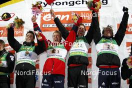 22.02.2009, Pyeong Chang, Korea (KOR): l-r:  Ole Einar Bjoerndalen (NOR), Madshus, Rottefella, Odlo,Halvard Hanevold (NOR), Madshus, Rottefella, Swix, Odlo, Lars Berger (NOR), Madshus, Rottefella, Odlo, Emil Hegle Svendsen (NOR), Madshus, Rottefella, Odlo  - IBU world championships biathlon, relay men, Pyeong Chang (KOR). www.nordicfocus.com. © Felgenhauer/NordicFocus. Every downloaded picture is fee-liable.