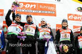 19.02.2009, Pyeong Chang, Korea (KOR): Simon Fourcade (FRA), Fischer, Rottefella, Swix, Odlo, Vincent Defrasne (FRA), Atomic, Rottefella, One Way, Odlo, Sylvie Becaert (FRA), Fischer, Rottefella, Exel, Odlo, Marie Laure Brunet (FRA), Rossignol, Rottefella, Swix, Odlo - IBU world championships biathlon, relay mixed, Pyeong Chang (KOR). www.nordicfocus.com. © Manzoni/NordicFocus. Every downloaded picture is fee-liable.