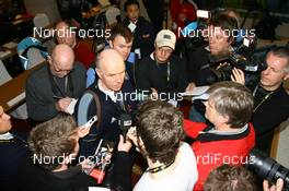 13.02.2009, Pyeong Chang, Korea (KOR): Anders Besseberg (NOR), president of IBU, International Biathlon Union with some journalists after the press conference doping case - IBU world championships biathlon, Doping Case , Pyeong Chang (KOR). www.nordicfocus.com. © Manzoni/NordicFocus. Every downloaded picture is fee-liable.