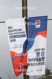 09.02.2009, Pyeong Chang, Korea (KOR): WCH Feature - Championship banner in the wind - IBU world championships biathlon, training, Pyeong Chang (KOR). www.nordicfocus.com. © Manzoni/NordicFocus. Every downloaded picture is fee-liable.