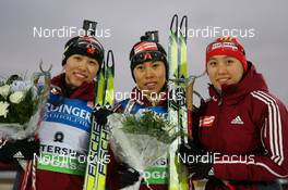 05.12.2009, Oestersund, Sweden (SWE): Chaoqing Song (CHN), Fischer, Salomon, Swix, adidas, Chunli Wang (CHN), Fischer, Salomon, Swix, adidas , Yuan-Yuan Liu (CHN), Fischer, Salomon, Swix, adidas - IBU world cup biathlon, sprint women, Oestersund (SWE). www.nordicfocus.com. © NordicFocus. Every downloaded picture is fee-liable.