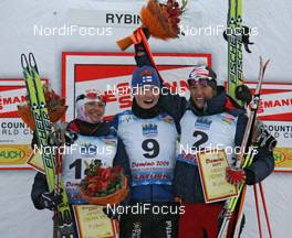 31.01.2009, Rybisnk, Russia (RUS): podium, l-r Arianna Follis (ITA), Fischer, Salomon, Swix, Pirjo Muranen (FIN), Fischer, Rottefella, Exel, Magda Genuin (ITA), Rossignol, Rottefella, One Way  - FIS world cup cross-country, individual sprint, Rybinsk (RUS). www.nordicfocus.com. © Hemmersbach/NordicFocus. Every downloaded picture is fee-liable.