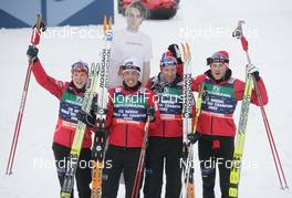 27.02.2009, Liberec, Czech Republic (CZE): feature , l-r , Tore Ruud Hofstad (NOR), Fischer, Salomon, Swix , Eldar Roenning (NOR), Rossignol, Rottefella, Swix , Odd-Bjoern Hjelmeset (NOR), Rossignol, Rottefella, One Way Petter Northug (NOR), Fischer, Rottefella, Alpina, Ski Go, Swix - FIS nordic world ski championships, cross-country, 4x10km men, Liberec (CZE). www.nordicfocus.com. © Domanski/NordicFocus. Every downloaded picture is fee-liable.i