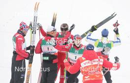 27.02.2009, Liberec, Czech Republic (CZE): group , l-r , Odd-Bjoern Hjelmeset (NOR), Rossignol, Rottefella, One Way , Eldar Roenning (NOR), Rossignol, Rottefella, Swix , Petter Northug (NOR), Fischer, Rottefella, Alpina, Ski Go, Swix  , Tore Ruud Hofstad (NOR), Fischer, Salomon, Swix  - FIS nordic world ski championships, cross-country, 4x10km men, Liberec (CZE). www.nordicfocus.com. © Domanski/NordicFocus. Every downloaded picture is fee-liable.
