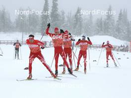 20.11.2009, Beitostoelen, Norway (NOR): Dario Cologna (SUI), Fischer, Rottefella, Alpina, Swix, adidas leads Toni Livers (SUI), Madshus, Rottefella, Swix, adidas, Thomas Diezig (SUI), Fischer, Rottefella, Alpina, Swix, adidas, Curdin Perl (SUI), Rossignol, Rottefella, Leki, adidas and Reto Burgermeister (SUI), Fischer, Salomon, Swix, adidas - FIS world cup cross country, training, Beitostoelen (NOR). www.nordicfocus.com. © NordicFocus. Every downloaded picture is fee-liable.