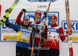 07.03.2009, Lahti, Finland (FIN): podium, l-r Anssi Koivuranta (FIN), Fischer, Rottefella, Exel, Magnus Moan (NOR), Madshus, Rottefella, Bill Demong (USA), Atomic  - FIS world cup nordic combined, individual gundersen HS130/10km, Lahti (FIN). www.nordicfocus.com. © Hemmersbach/NordicFocus. Every downloaded picture is fee-liable.