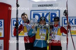 15.03.2009, Vikersund, Norway (NOR): overall podium: l-r:  Magnus Moan (NOR), Madshus, Rottefella,Anssi Koivuranta (FIN), Fischer, Rottefella, Bill Demong (USA), Atomic  - FIS world cup nordic combined, cups, Vikersund (NOR). www.nordicfocus.com. © Felgenhauer/NordicFocus. Every downloaded picture is fee-liable.