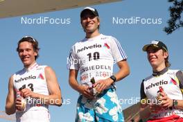 15.08.2009, Einsiedeln (SUI: v/r: Tino Edelmann (GER), Madshus, Rottefella, adidas. Ronny Heer (SUI), Fischer, Salomon, adidas. Alessandro Pittin (ITA), Fischer, Rottefella - FIS Summer Grand Prix 2009, nordic combined, Einsiedeln (SUI). www.nordicfocus.com. © Manzoni/NordicFocus. Every downloaded picture is fee-liable.