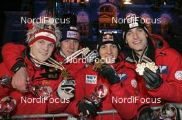 28.02.2009, Liberec, Czech Republic (CZE): winning team Austria l-r: Thomas Morgenstern (AUT), Atomic, Martin Koch (AUT), Fischer, Gregor Schlierenzauer (AUT), Fischer, Wolfgang Loitzl (AUT), Atomic - FIS nordic world ski championships, ski jumping, medals, Liberec (CZE). www.nordicfocus.com. © Furtner/NordicFocus. Every downloaded picture is fee-liable.