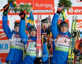 15.01.2010, Ruhpolding, Germany (GER): l-r: Helena Jonsson (SWE), Fischer, Rottefella, Leki, adidas, Anna Carin Olofsson (SWE), Madshus, Rottefella, Leki, adidas, Anna Maria Nilsson (SWE), Madshus, Rottefella, adidas, Elisabeth Hoegberg (SWE), Fischer, adidas  - IBU world cup biathlon, relay women, Ruhpolding (GER). www.nordicfocus.com. © Felgenhauer/NordicFocus. Every downloaded picture is fee-liable.