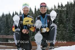 28.03.2010, Khanty-Mansiysk, Russia (RUS): Simone Hauswald (GER), Fischer, Rottefella, Exel, adidas, Toko and Magdalena Neuner (GER), Fischer, Rottefella, Exel, adidas - IBU world cup biathlon, cups, Khanty-Mansiysk (RUS). www.nordicfocus.com. © Manzoni/NordicFocus. Every downloaded picture is fee-liable.