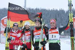 28.03.2010, Khanty-Mansiysk, Russia (RUS): (L-R) Magdalena Neuner (GER), Fischer, Rottefella, Exel, adidas, Simone Hauswald (GER), Fischer, Rottefella, Exel, adidas, Toko, Arnd Peiffer (GER), Fischer, Salomon, Swix, adidas, Simon Schempp (GER), Fischer, Rottefella, Alpina, Leki, adidas  - IBU world cup biathlon, relay mixed, Khanty-Mansiysk (RUS). www.nordicfocus.com. © Manzoni/NordicFocus. Every downloaded picture is fee-liable.